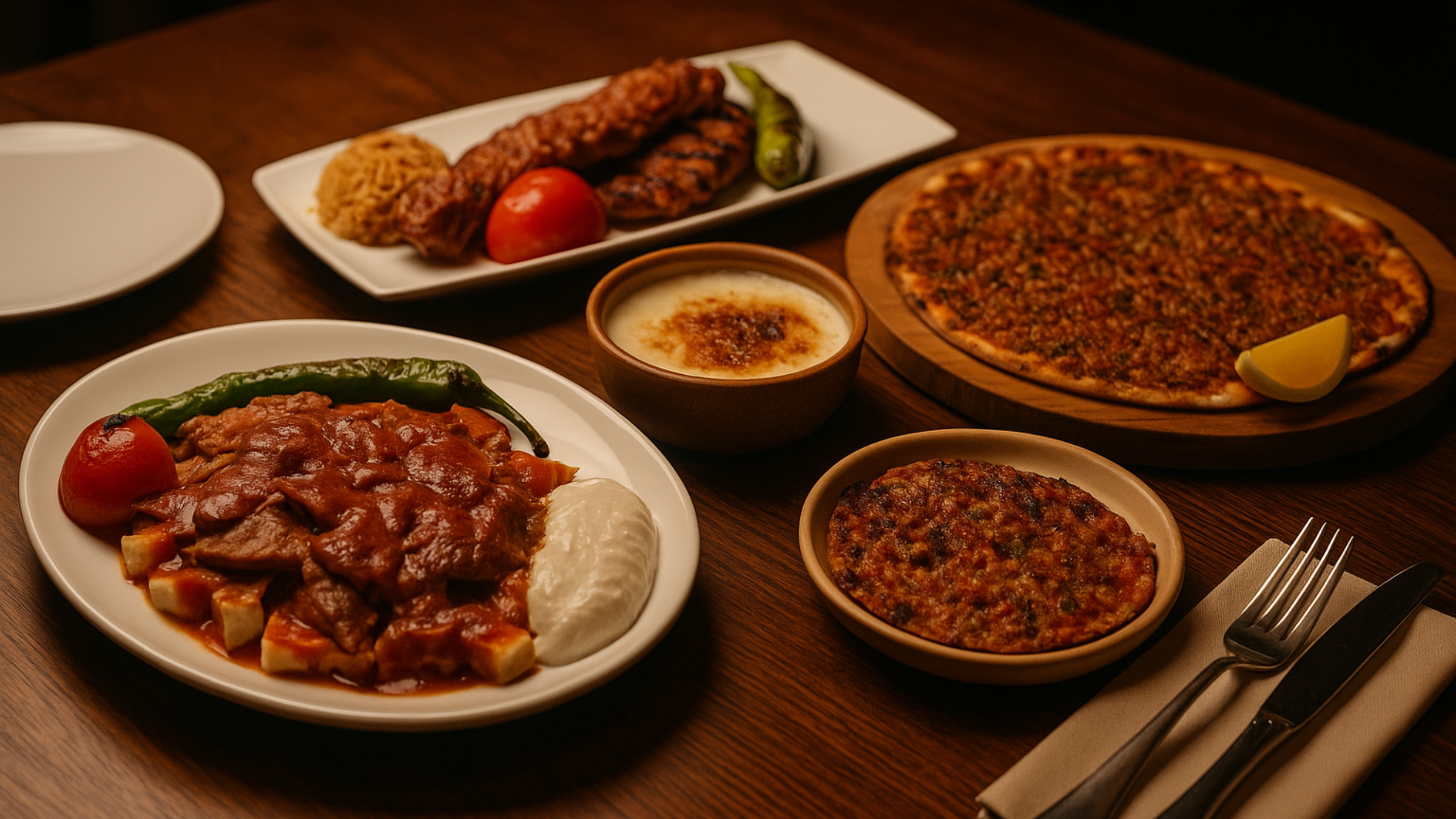 Turkish dishes on a wooden restaurant table under warm lighting